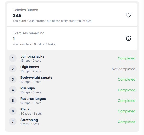 Shows an expanded view of the workout stats blocks being expanded to view the list of tasks completed, during the workout.